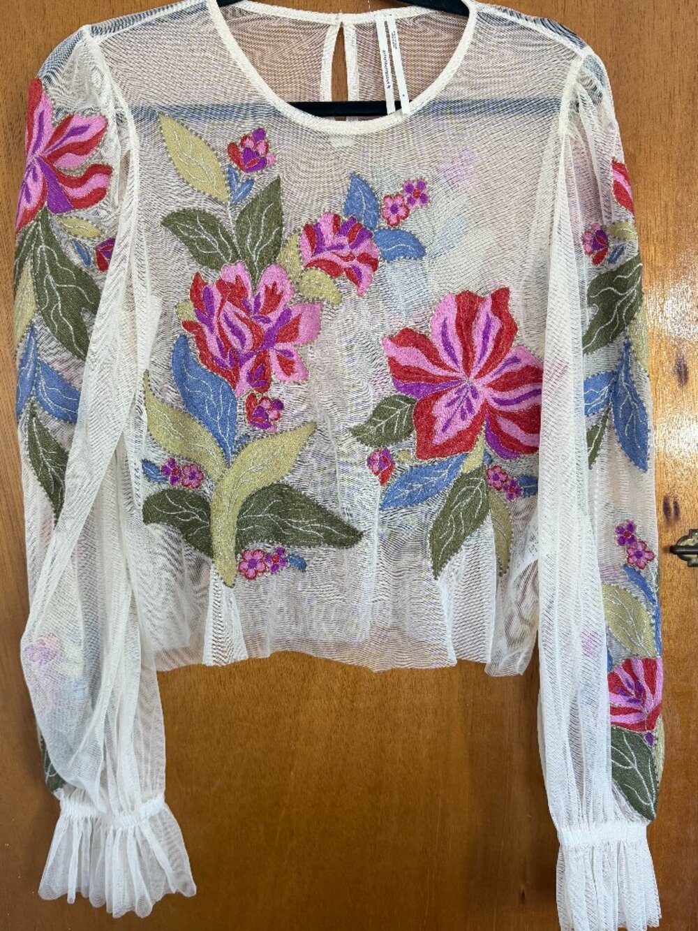 Anthropologie Sheer Cream Floral Embroidered Mesh Blouse